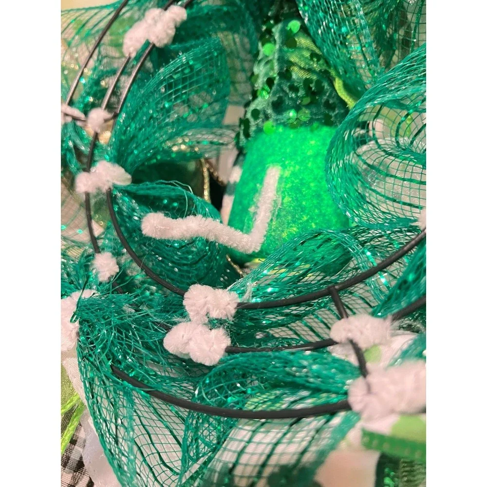13” St. Patrick’s Day Ribbon Wreath Gnomes : Green & White Handmade MW10